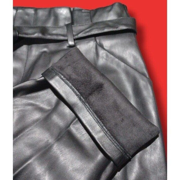 Lucy Paris Belted Paper Bag Waist Black Faux Leather High Rise Womens Sz L Pant - Picture 10 of 16